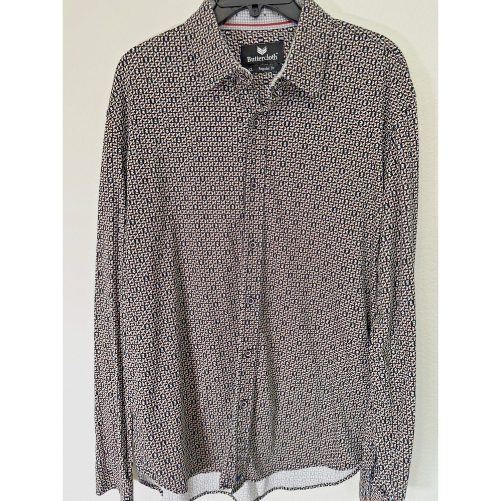 Buttercloth Men XL Button-Up Black Gold Shirt Geometric Chess Print Long Sleeve - Picture 12 of 12